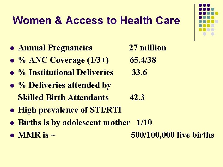 Women & Access to Health Care l l l l Annual Pregnancies 27 million