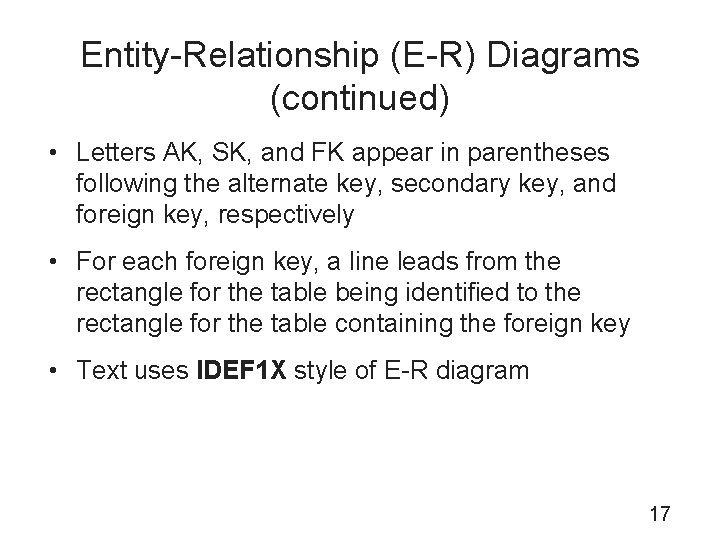 Entity-Relationship (E-R) Diagrams (continued) • Letters AK, SK, and FK appear in parentheses following