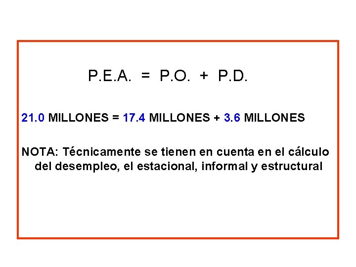 P. E. A. = P. O. + P. D. 21. 0 MILLONES = 17.