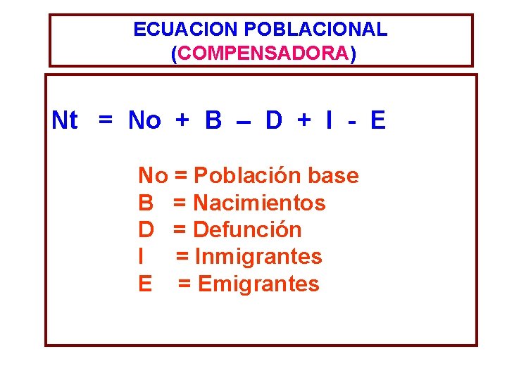 ECUACION POBLACIONAL (COMPENSADORA) Nt = No + B – D + I - E