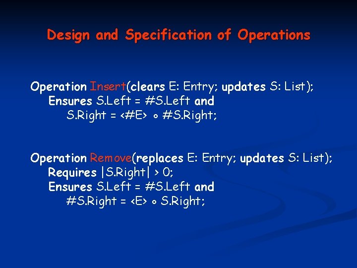 Design and Specification of Operations Operation Insert(clears E: Entry; updates S: List); Ensures S.