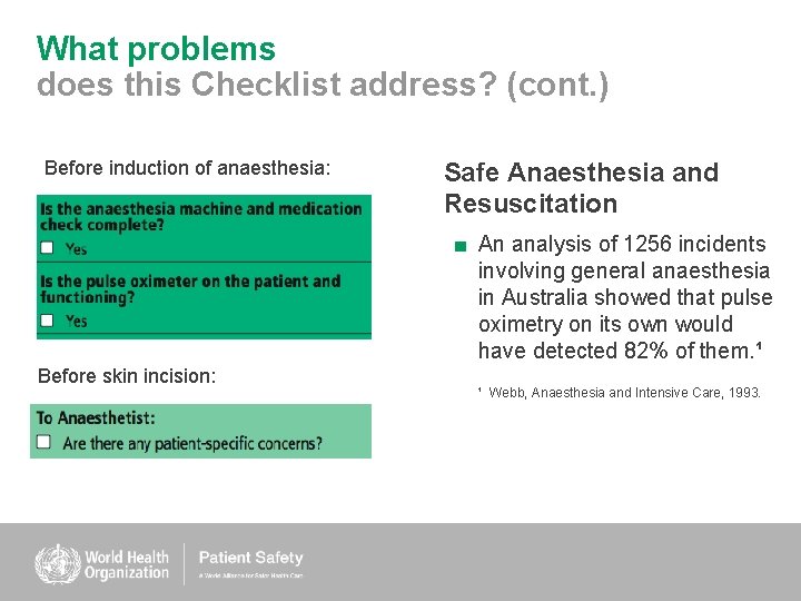 What problems does this Checklist address? (cont. ) Before induction of anaesthesia: Safe Anaesthesia