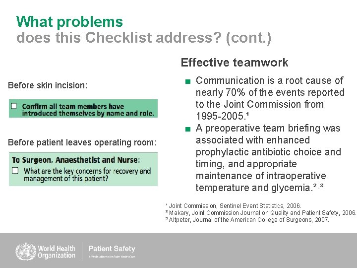 What problems does this Checklist address? (cont. ) Effective teamwork Before skin incision: Before