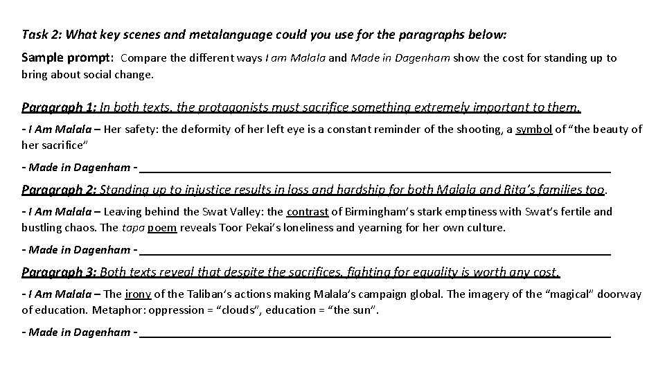 Task 2: What key scenes and metalanguage could you use for the paragraphs below: