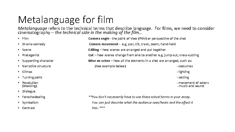 Metalanguage for film Metalanguage refers to the technical terms that describe language. For films,