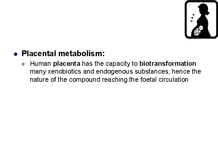 l Placental metabolism: l Human placenta has the capacity to biotransformation many xenobiotics and