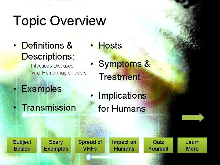 Topic Overview • Definitions & Descriptions: • Hosts – Infectious Diseases – Viral Hemorrhagic