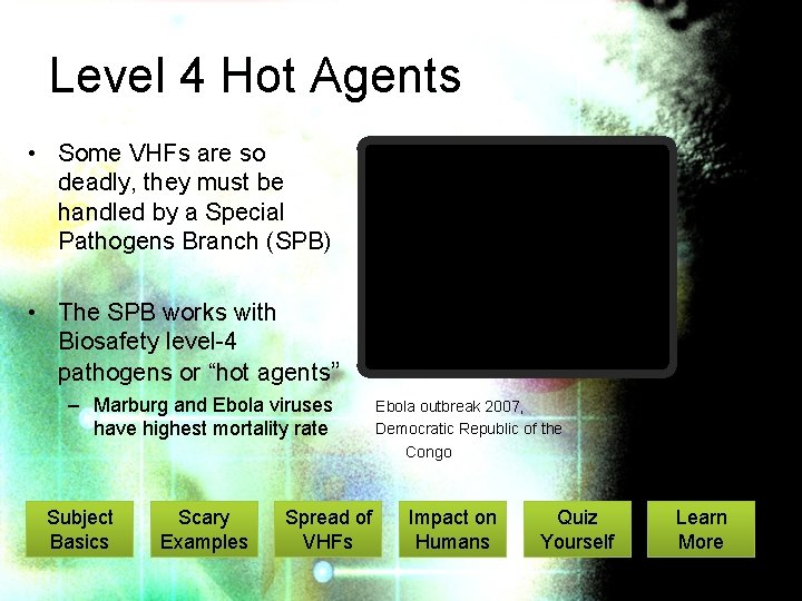 Level 4 Hot Agents • Some VHFs are so deadly, they must be handled
