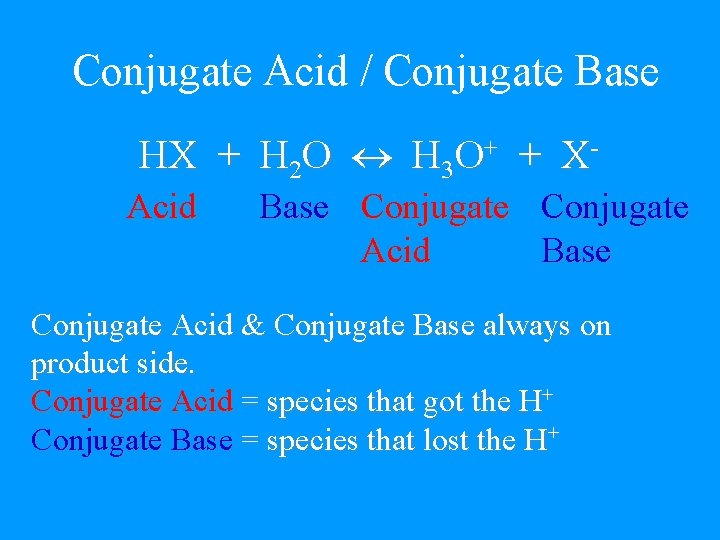 Conjugate Acid / Conjugate Base HX + H 2 O H 3 O+ +