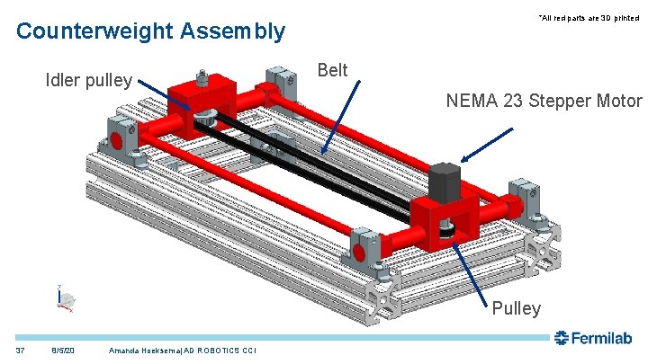 *All red parts are 3 D printed Counterweight Assembly Idler pulley Belt NEMA 23 *All red parts are 3 D printed Counterweight Assembly Idler pulley Belt NEMA 23