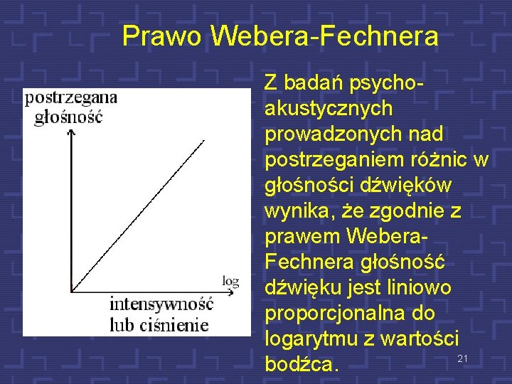 Prawo Webera-Fechnera Z badań psychoakustycznych prowadzonych nad postrzeganiem różnic w głośności dźwięków wynika, że
