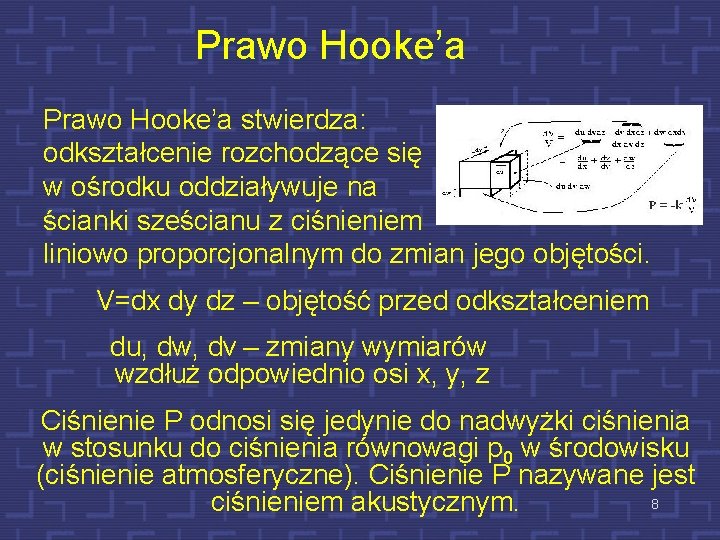 Prawo Hooke’a stwierdza: odkształcenie rozchodzące się w ośrodku oddziaływuje na ścianki sześcianu z ciśnieniem