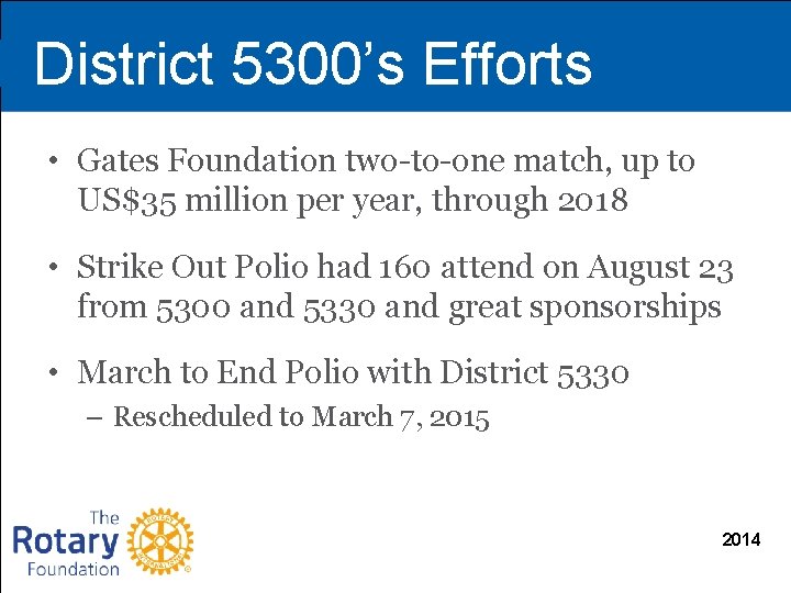 District 5300’s Efforts • Gates Foundation two-to-one match, up to US$35 million per year,