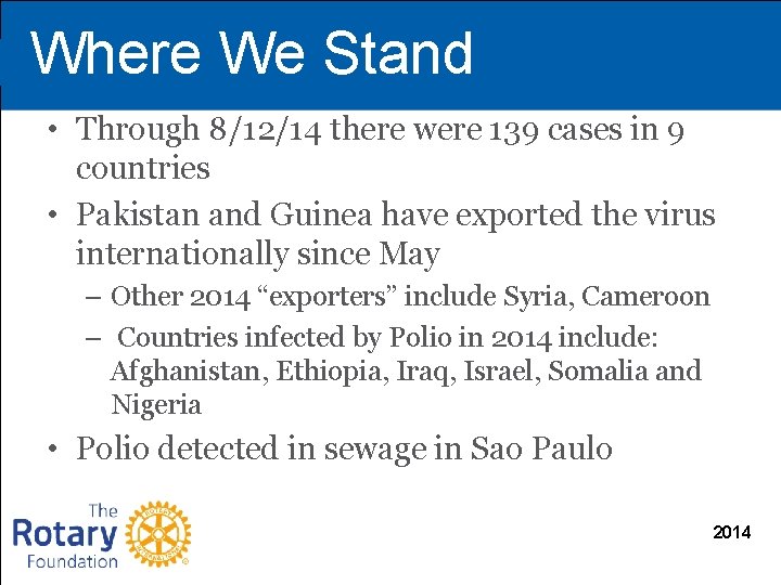 Where We Stand • Through 8/12/14 there were 139 cases in 9 countries •