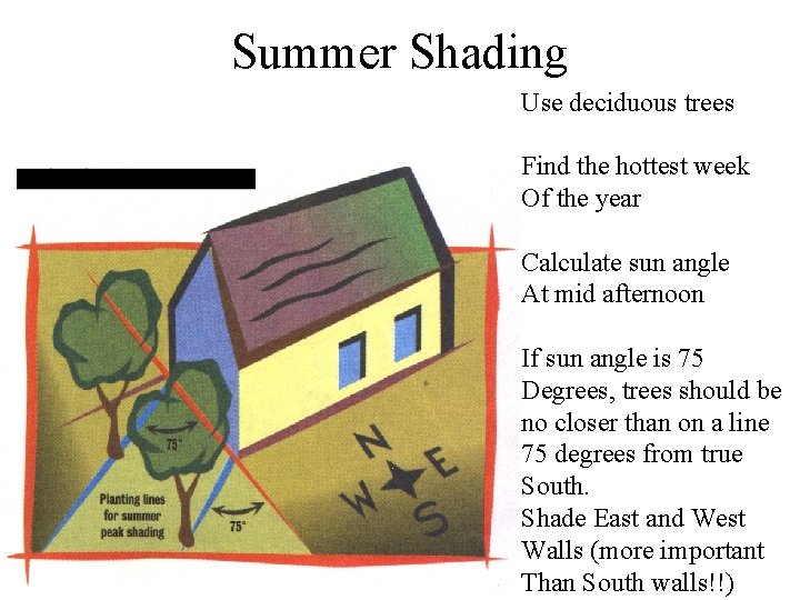 Summer Shading Use deciduous trees Find the hottest week Of the year Calculate sun