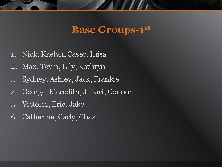 Base Groups-1 st 1. Nick, Kaelyn, Casey, Inisa 2. Max, Tevin, Lily, Kathryn 3.