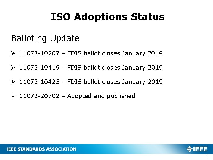 ISO Adoptions Status Balloting Update Ø 11073 -10207 – FDIS ballot closes January 2019
