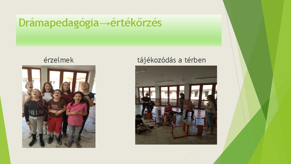 Drámapedagógia→értékőrzés érzelmek tájékozódás a térben 
