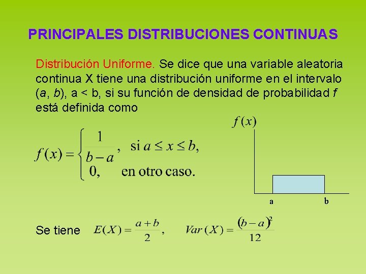 PRINCIPALES DISTRIBUCIONES CONTINUAS Distribución Uniforme. Se dice que una variable aleatoria continua X tiene