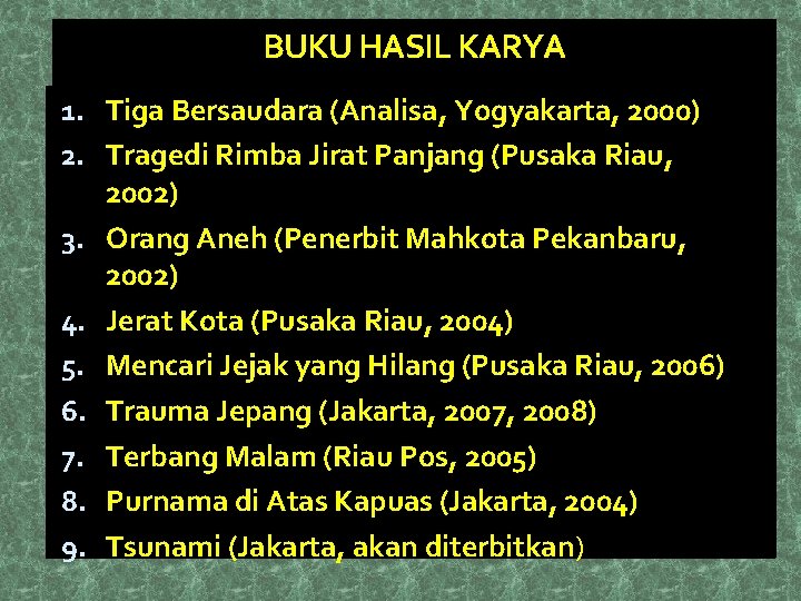 BUKU HASIL KARYA 1. Tiga Bersaudara (Analisa, Yogyakarta, 2000) 2. Tragedi Rimba Jirat Panjang