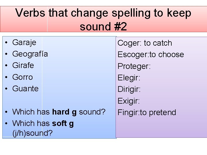 Verbs that change spelling to keep sound #2 • • • Garaje Geografía Girafe