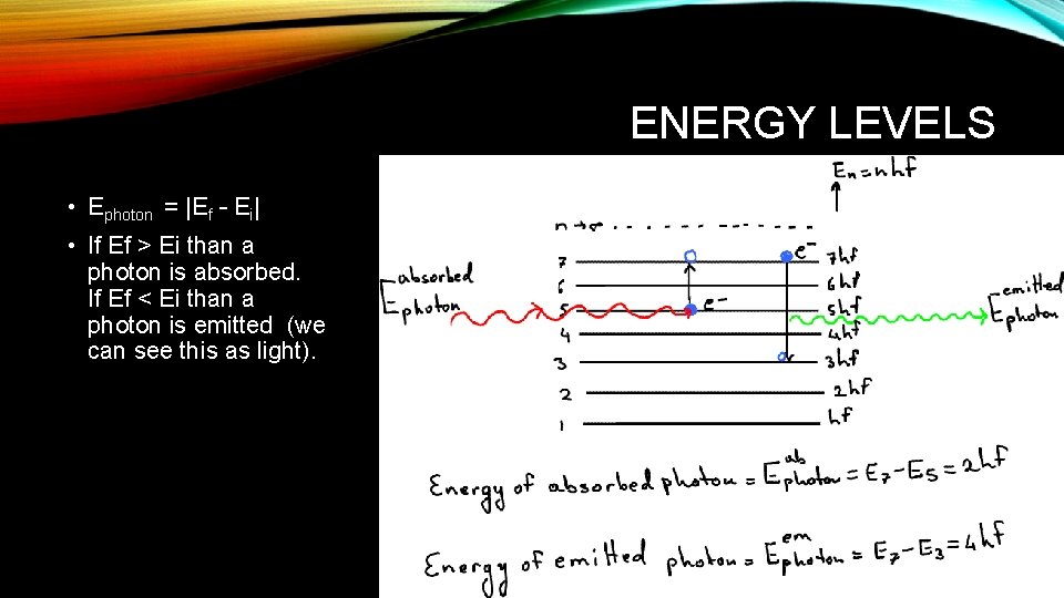 ENERGY LEVELS • Ephoton = |Ef – Ei| • If Ef > Ei than