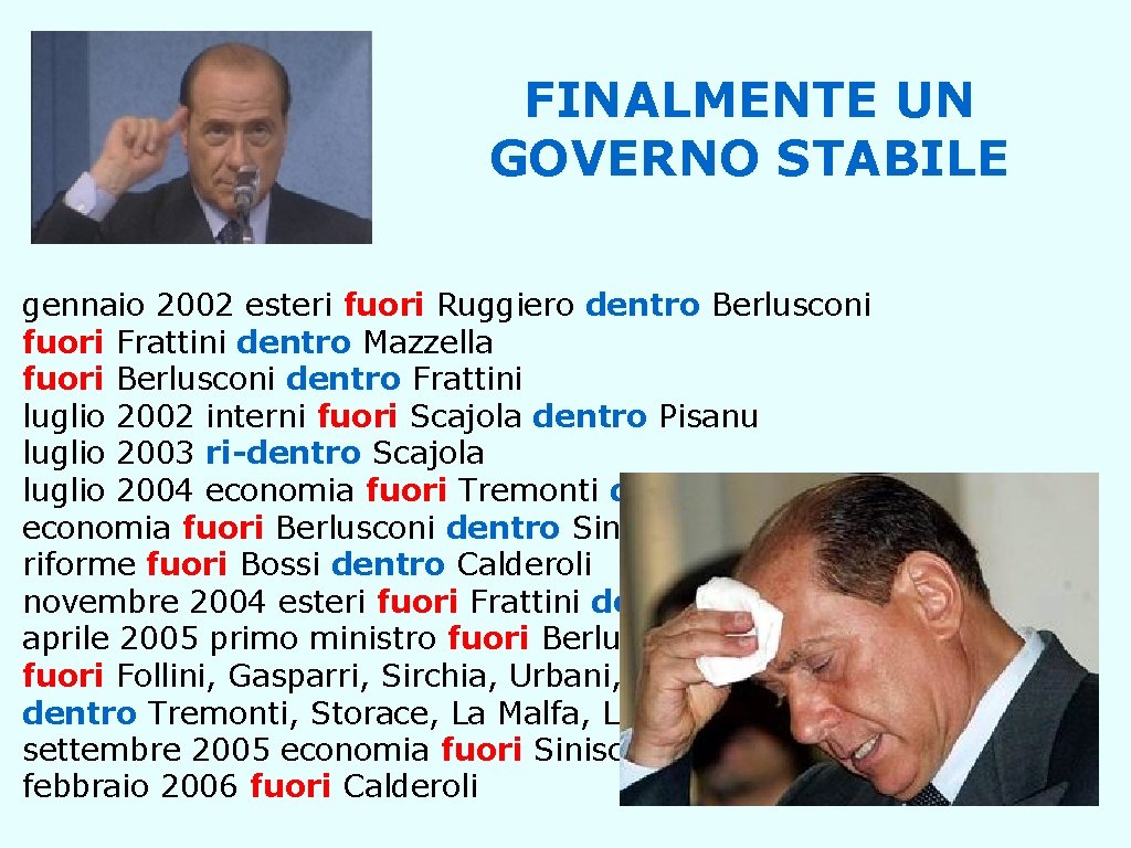 FINALMENTE UN GOVERNO STABILE gennaio 2002 esteri fuori Ruggiero dentro Berlusconi fuori Frattini dentro