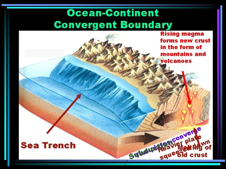 Ocean-Continent Convergent Boundary Rising magma forms new crust in the form of mountains and