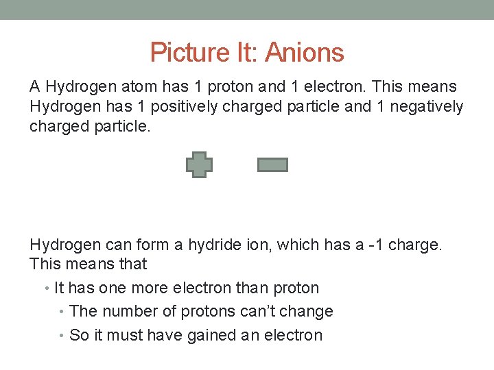Picture It: Anions A Hydrogen atom has 1 proton and 1 electron. This means