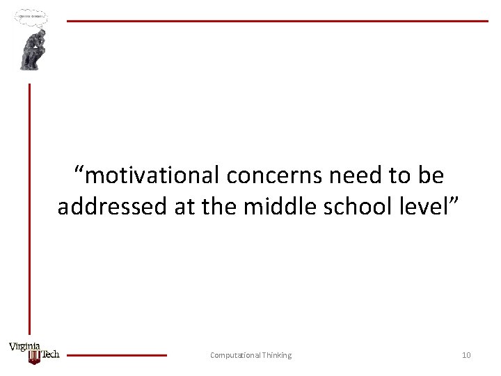 “motivational concerns need to be addressed at the middle school level” Computational Thinking 10
