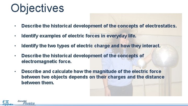 Objectives • Describe the historical development of the concepts of electrostatics. • Identify examples