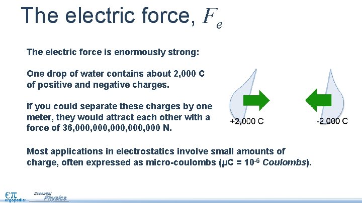 The electric force, Fe The electric force is enormously strong: One drop of water