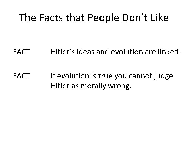 The Facts that People Don’t Like FACT Hitler’s ideas and evolution are linked. FACT