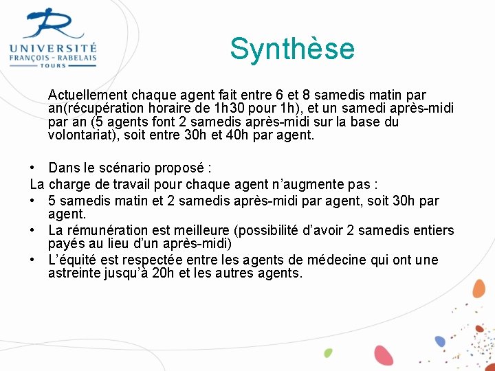 Synthèse Actuellement chaque agent fait entre 6 et 8 samedis matin par an(récupération horaire