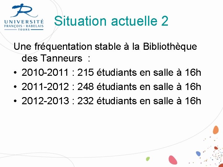 Situation actuelle 2 Une fréquentation stable à la Bibliothèque des Tanneurs : • 2010