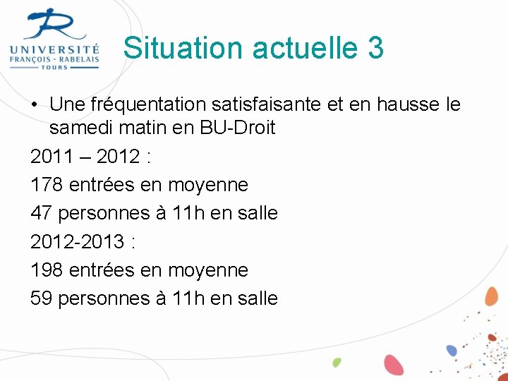 Situation actuelle 3 • Une fréquentation satisfaisante et en hausse le samedi matin en