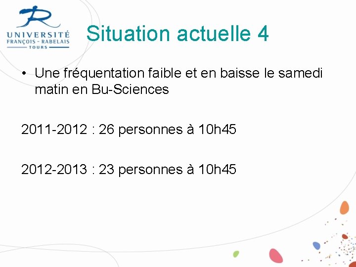 Situation actuelle 4 • Une fréquentation faible et en baisse le samedi matin en