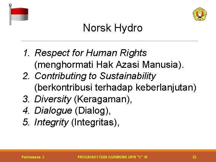 Norsk Hydro 1. Respect for Human Rights (menghormati Hak Azasi Manusia). 2. Contributing to
