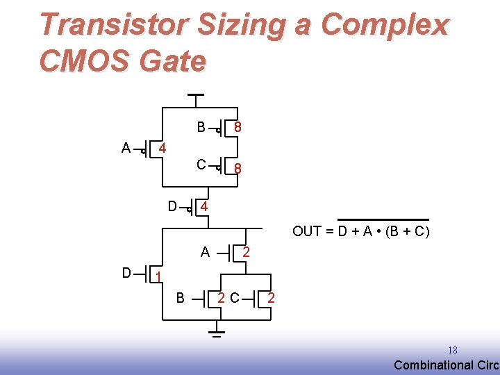 Transistor Sizing a Complex CMOS Gate A B 8 C 8 4 D 4