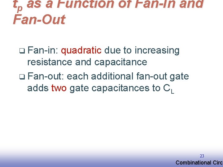 tp as a Function of Fan-In and Fan-Out q Fan-in: quadratic due to increasing