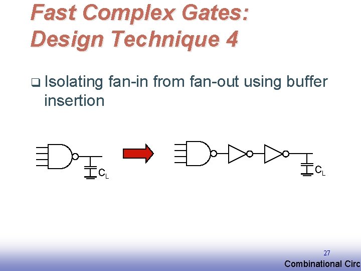 Fast Complex Gates: Design Technique 4 q Isolating fan-in from fan-out using buffer insertion