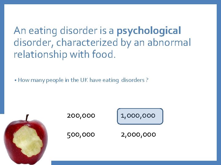 An eating disorder is a psychological disorder, characterized by an abnormal relationship with food.