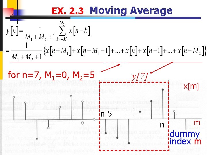EX. 2. 3 Moving Average for n=7, M 1=0, M 2=5 y[7] x[m] n-5