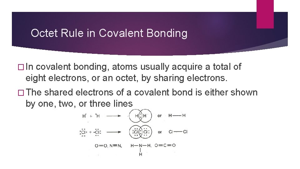 Octet Rule in Covalent Bonding � In covalent bonding, atoms usually acquire a total