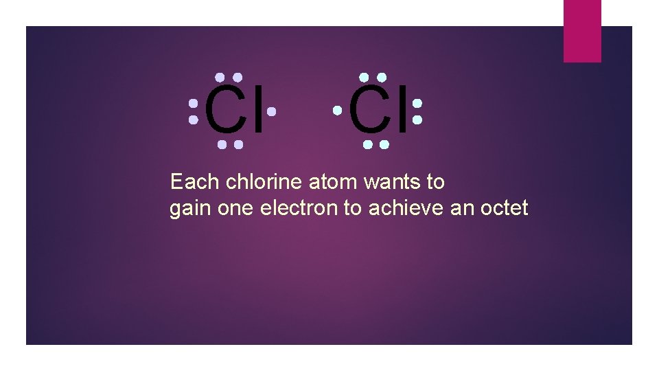 Cl Cl Each chlorine atom wants to gain one electron to achieve an octet