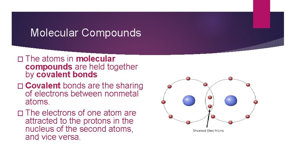Molecular Compounds � The atoms in molecular compounds are held together by covalent bonds