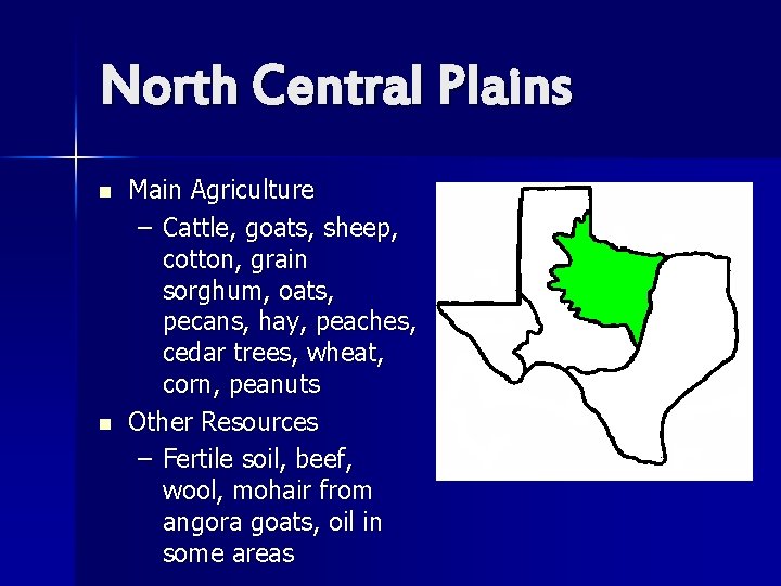 North Central Plains n n Main Agriculture – Cattle, goats, sheep, cotton, grain sorghum,