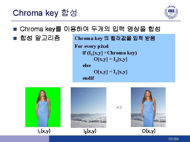 Chroma key 합성 Chroma key를 이용하여 두개의 입력 영상을 합성 Chroma key 의 컬러값을