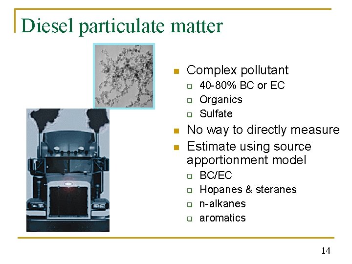 Diesel particulate matter n Complex pollutant q q q n n 40 -80% BC