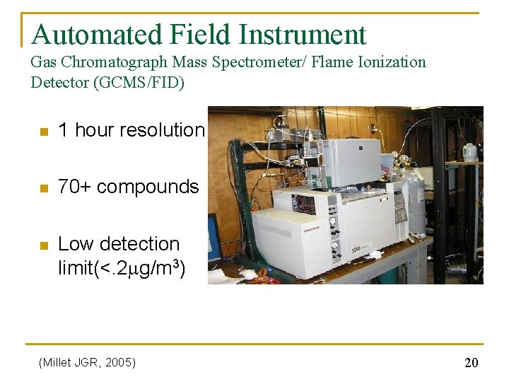 Automated Field Instrument Gas Chromatograph Mass Spectrometer/ Flame Ionization Detector (GCMS/FID) n 1 hour